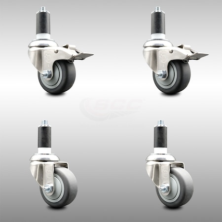 Service Caster 3 Inch 316SS Thermoplastic Rubber Swivel 1-1/4 Inch Stem Caster Lock Brake, 2PK SCC-SS316TTLEX20S314-TPRB-2-S-2-114